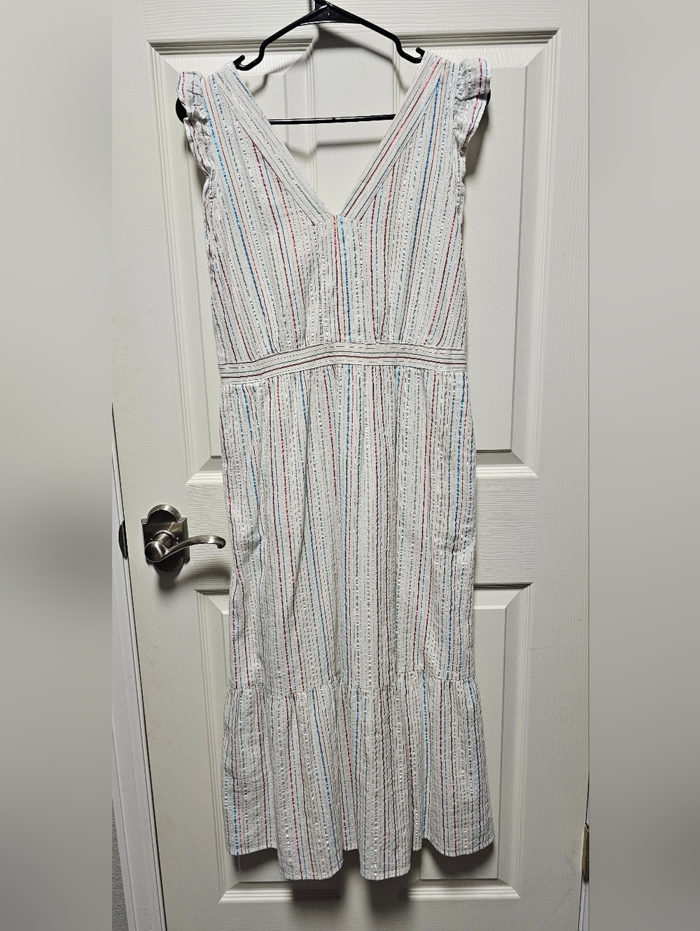 LOFT White Striped Cotton Midi Dress With Ruffle Sleeves - Size 4